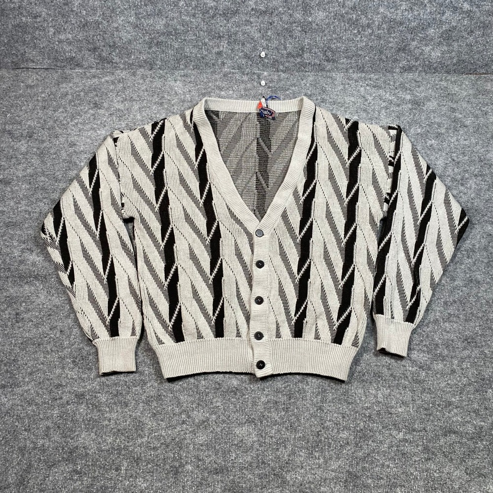 Barnaby Vintage Mens Large Black Gray Geometric Chevron Button Front Cardigan